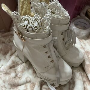 White Lace-Up Ankle Boots